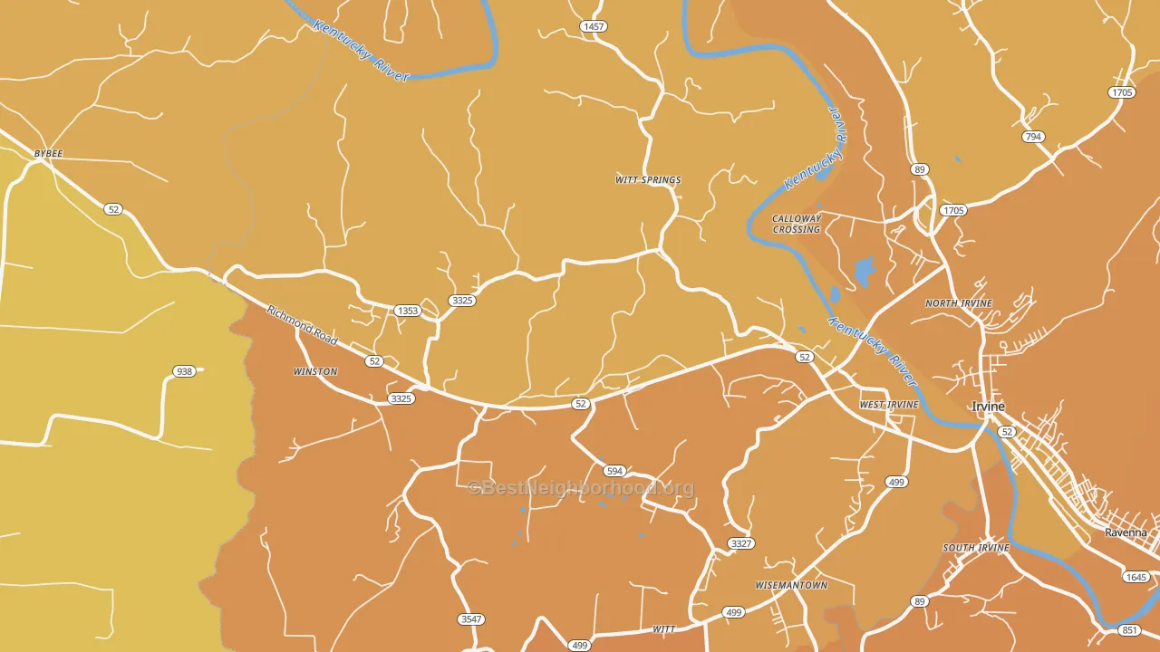 Map of the best neighborhoods in the Witt Springs area, with better matches in green and worse matches in red