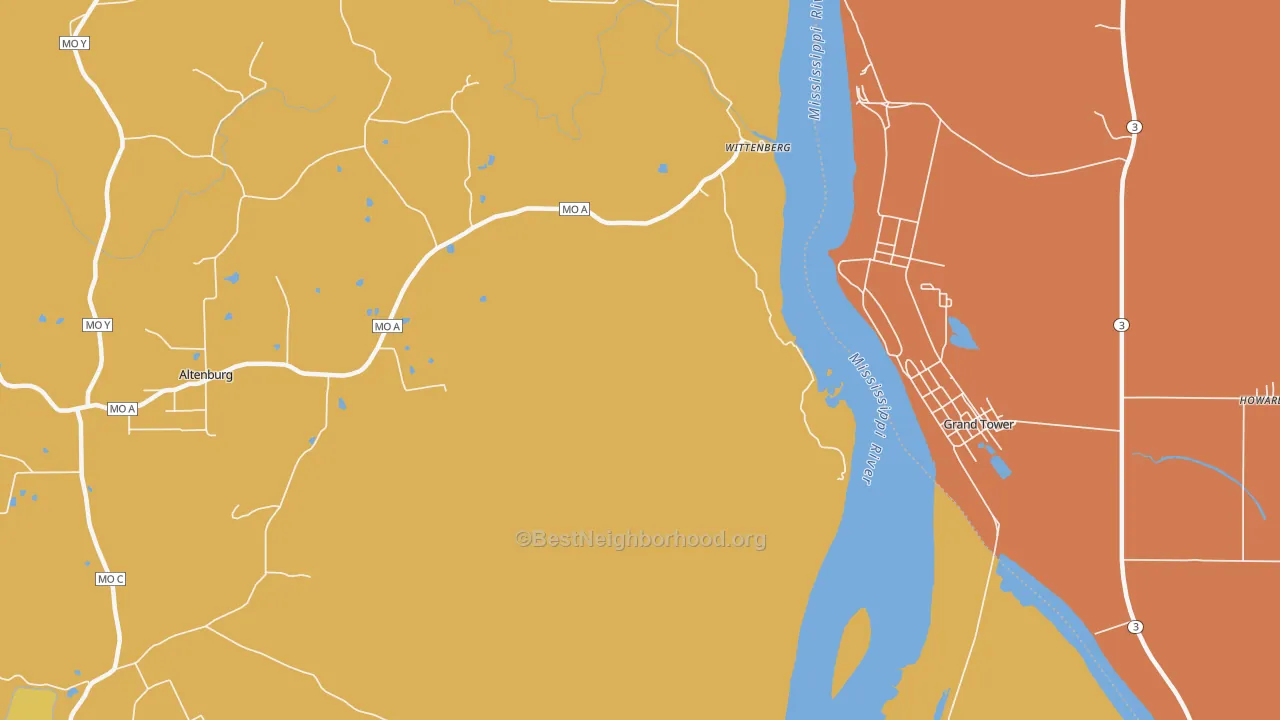 Map of the best neighborhoods in the Wittenberg area, with better matches in green and worse matches in red