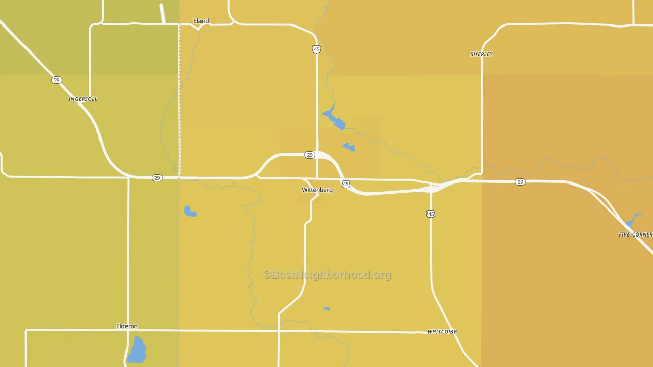 Map of the best neighborhoods in the Wittenberg area, with better matches in green and worse matches in red