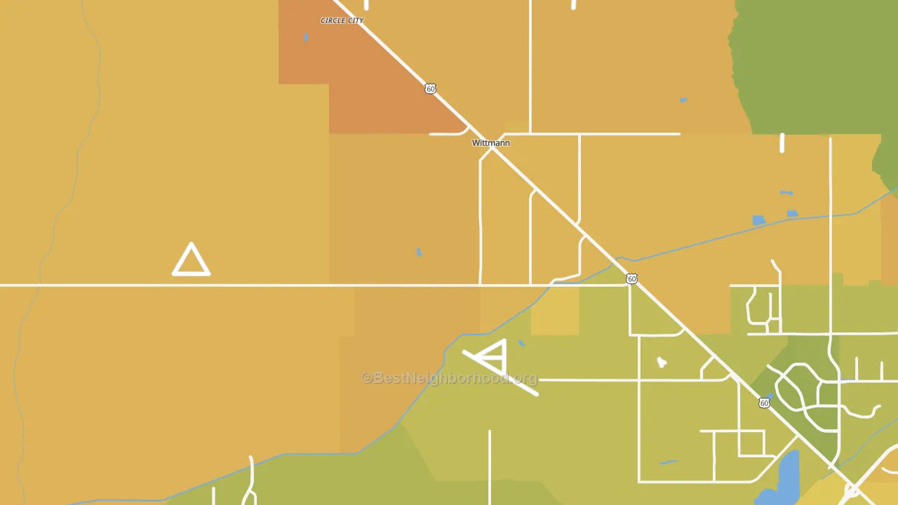 Map of the best neighborhoods in the Wittmann area, with better matches in green and worse matches in red