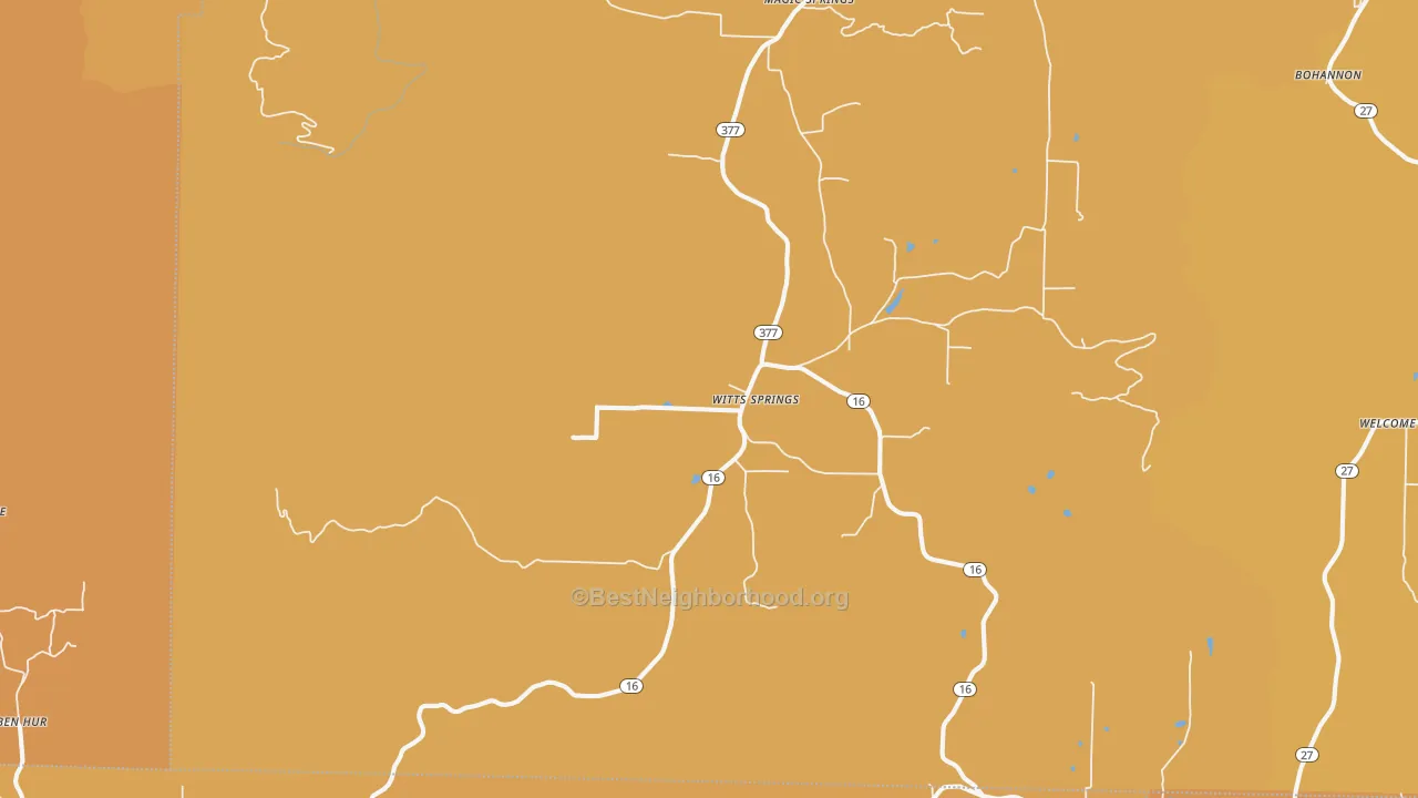 Map of the best neighborhoods in the Witts Springs area, with better matches in green and worse matches in red