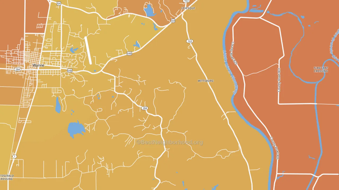 Map of the best neighborhoods in the Wittsburg area, with better matches in green and worse matches in red