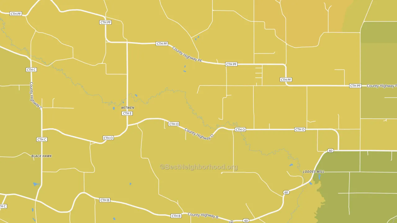 Map of the best neighborhoods in the Witwen area, with better matches in green and worse matches in red