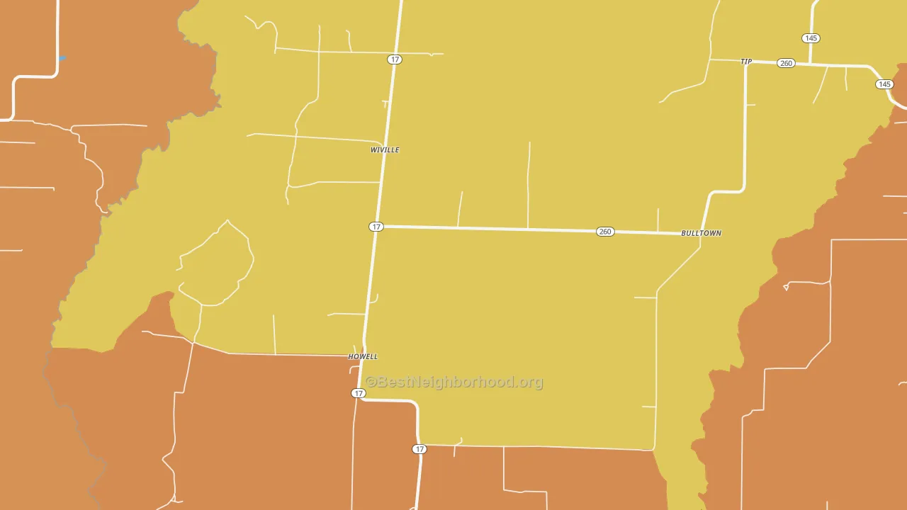 Map of the best neighborhoods in the Wiville area, with better matches in green and worse matches in red