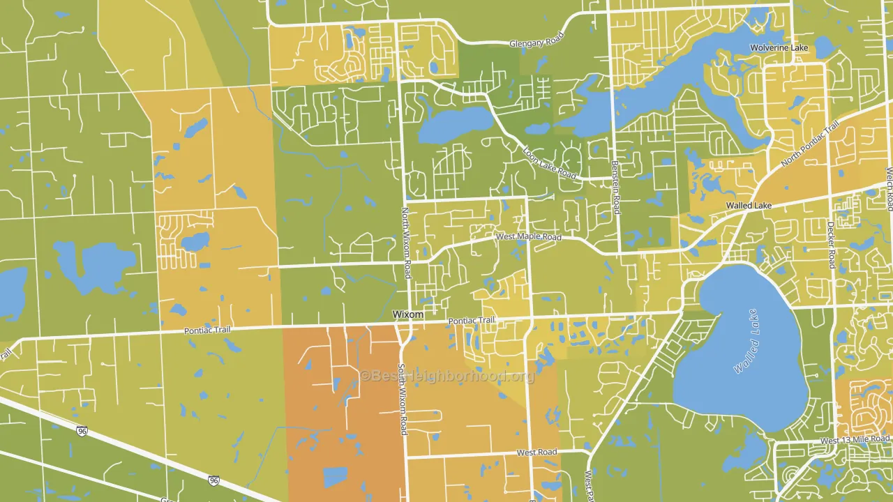 Map of the best neighborhoods in the Wixom area, with better matches in green and worse matches in red