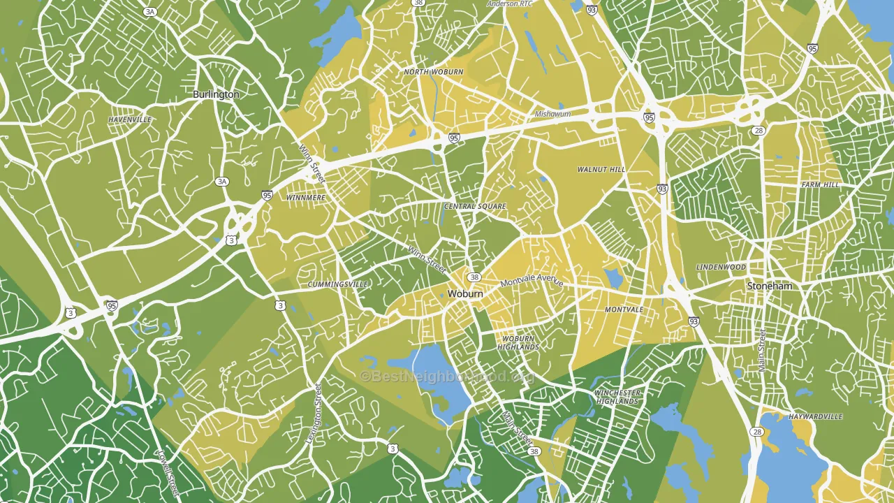 Map of the best neighborhoods in the Woburn area, with better matches in green and worse matches in red