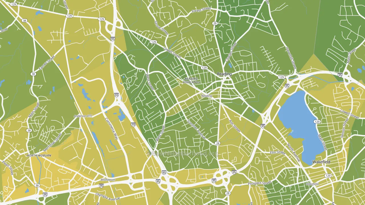 Map of the best neighborhoods in the Woburn Street Historic District, Reading area, with better matches in green and worse matches in red