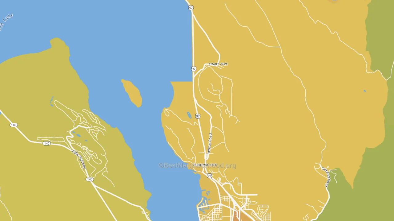 Map of the best neighborhoods in the Wocus area, with better matches in green and worse matches in red