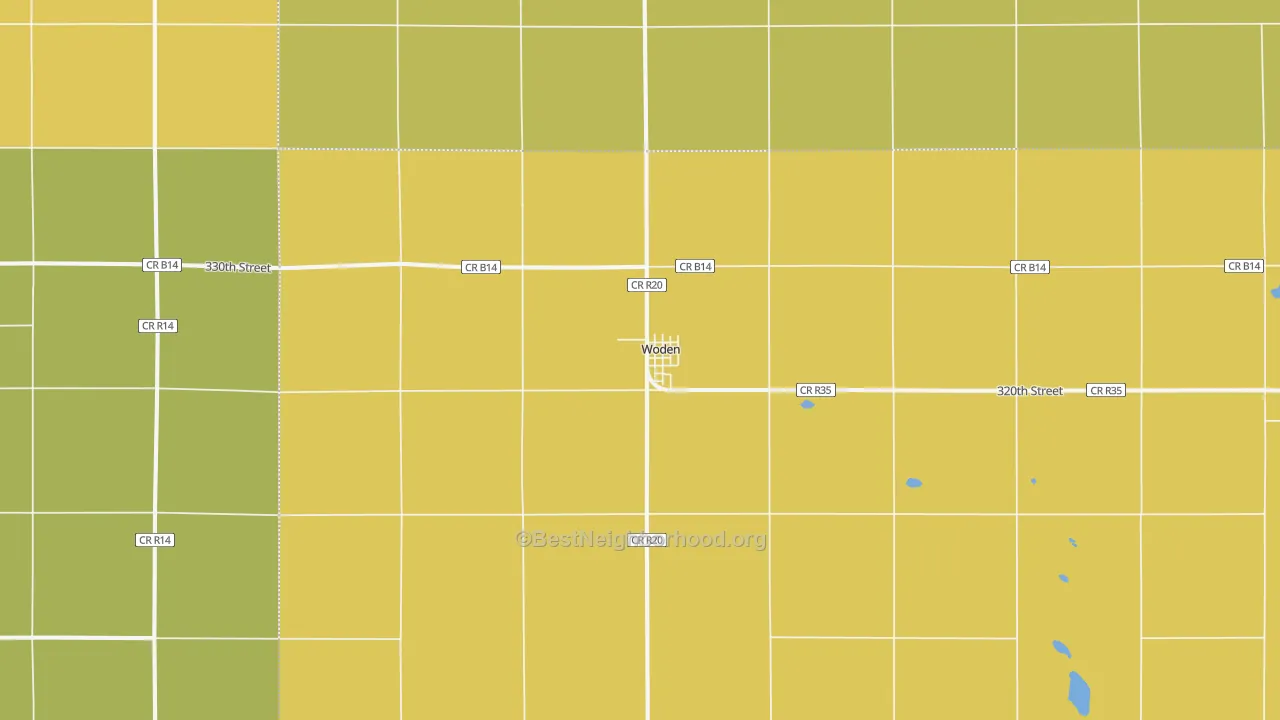 Map of the best neighborhoods in the Woden area, with better matches in green and worse matches in red
