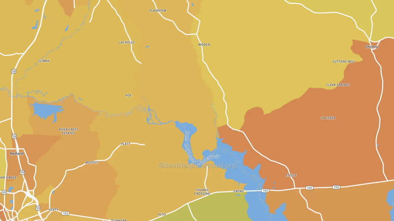 Map of the best neighborhoods in the Woden area, with better matches in green and worse matches in red