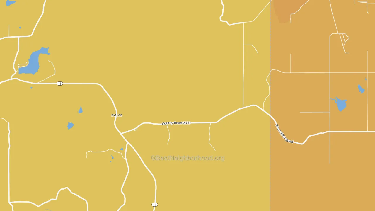 Map of the best neighborhoods in the Wolco area, with better matches in green and worse matches in red
