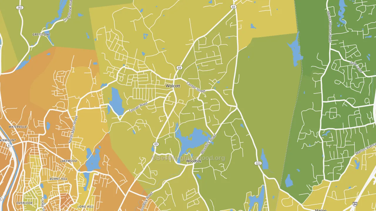 Map of the best neighborhoods in the Wolcott area, with better matches in green and worse matches in red