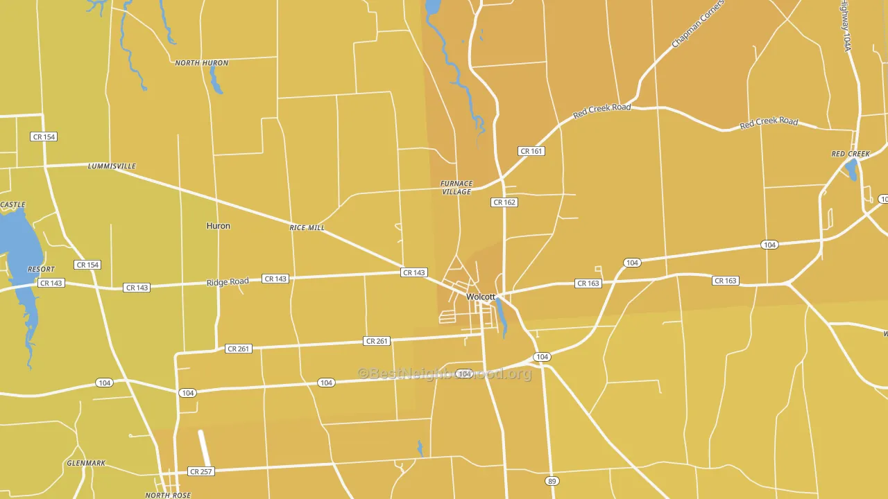 Map of the best neighborhoods in the Wolcott area, with better matches in green and worse matches in red