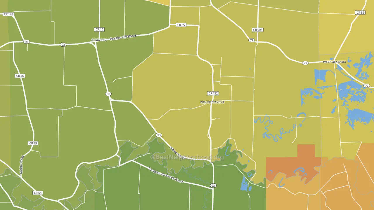 Map of the best neighborhoods in the Wolcottsville area, with better matches in green and worse matches in red