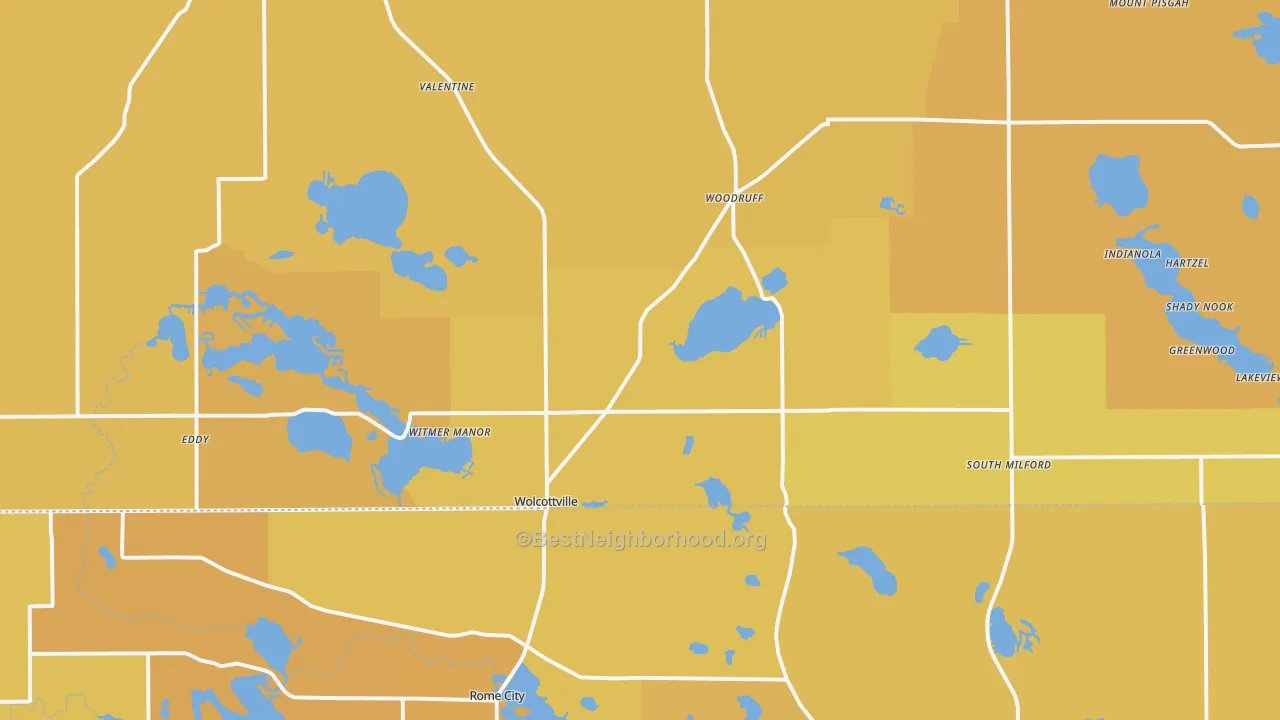 Map of the best neighborhoods in the Wolcottville area, with better matches in green and worse matches in red