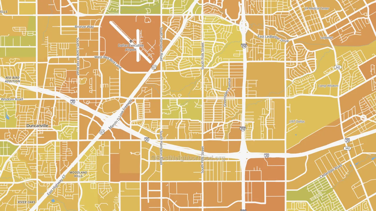 Map of the best neighborhoods in the Wolf Creek, Dallas area, with better matches in green and worse matches in red