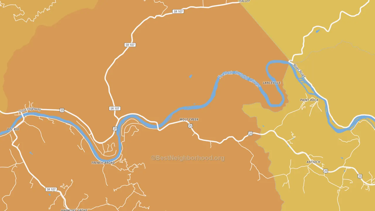 Map of the best neighborhoods in the Wolf Creek area, with better matches in green and worse matches in red