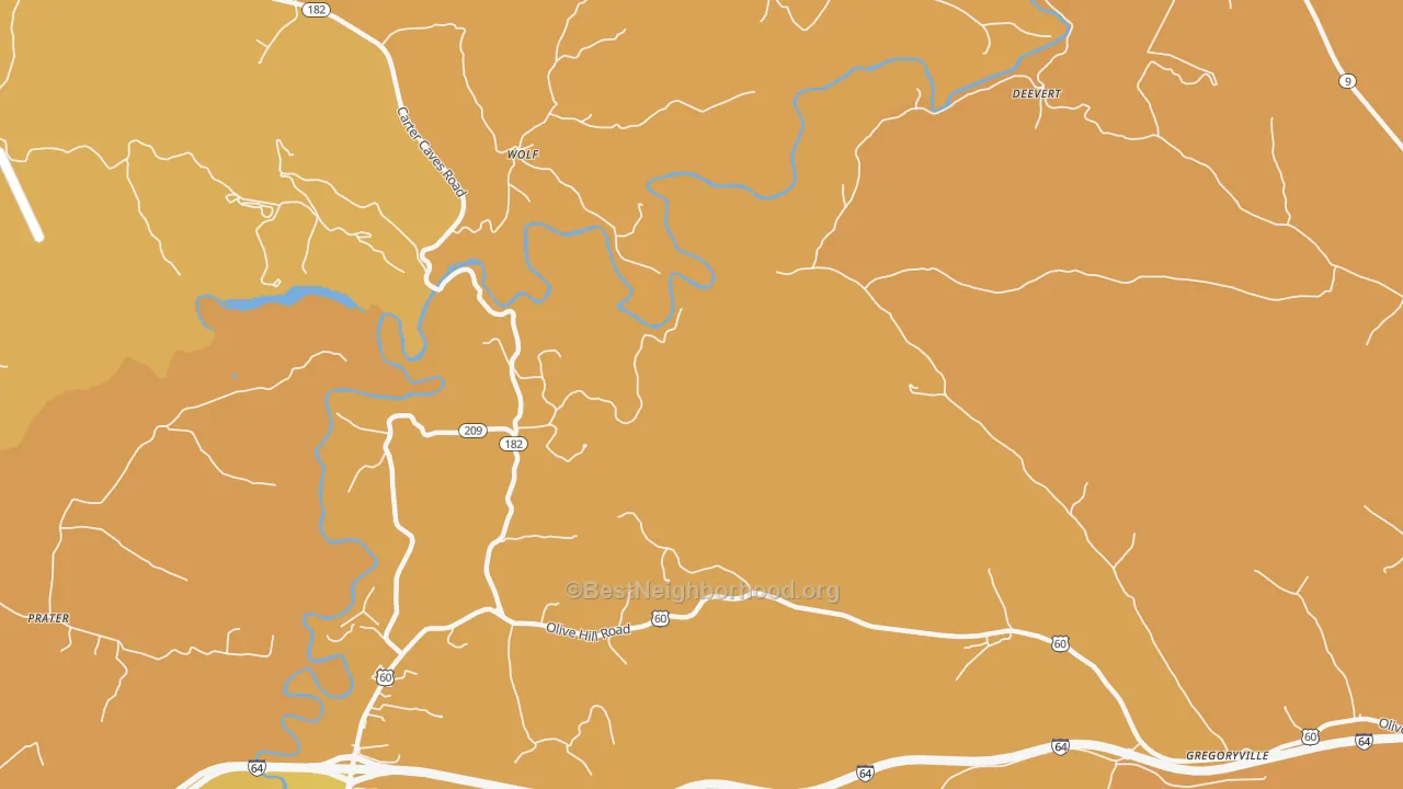 Map of the best neighborhoods in the Wolf area, with better matches in green and worse matches in red