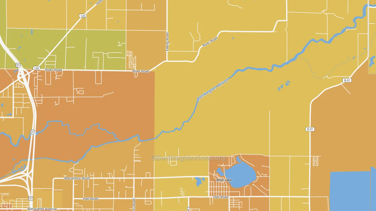 Map of the best neighborhoods in the Wolf Lake area, with better matches in green and worse matches in red