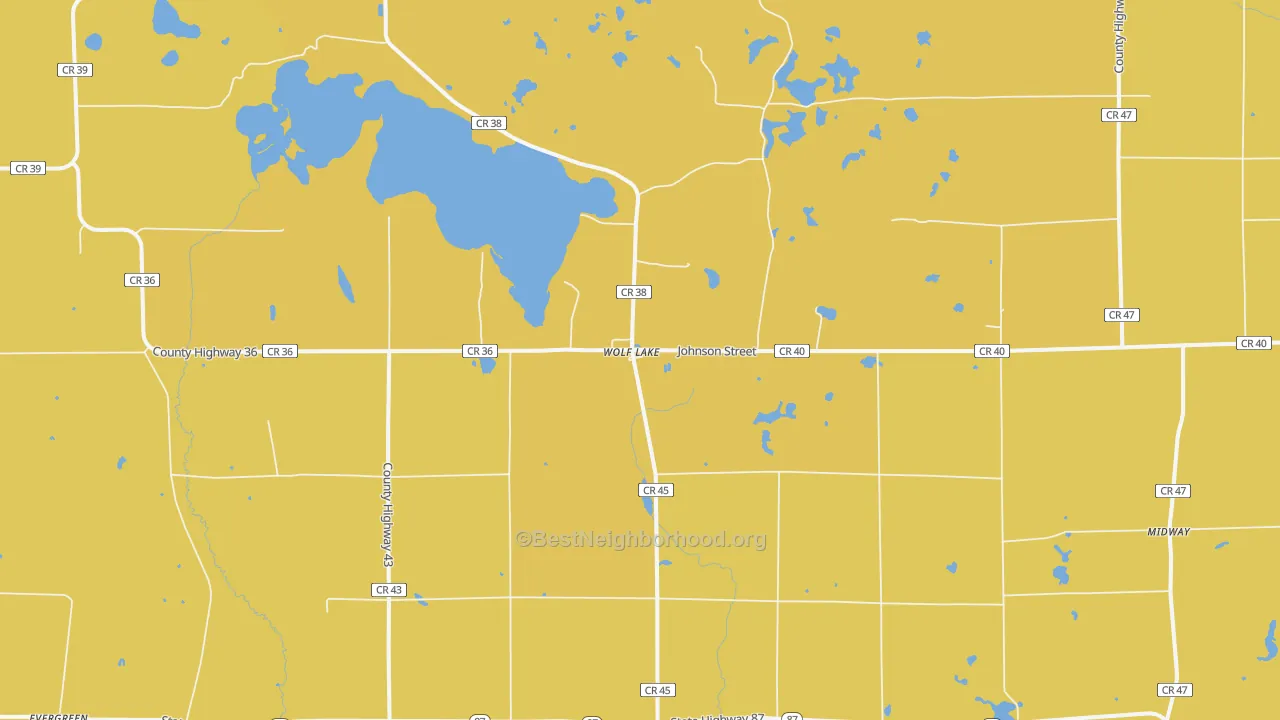 Map of the best neighborhoods in the Wolf Lake area, with better matches in green and worse matches in red