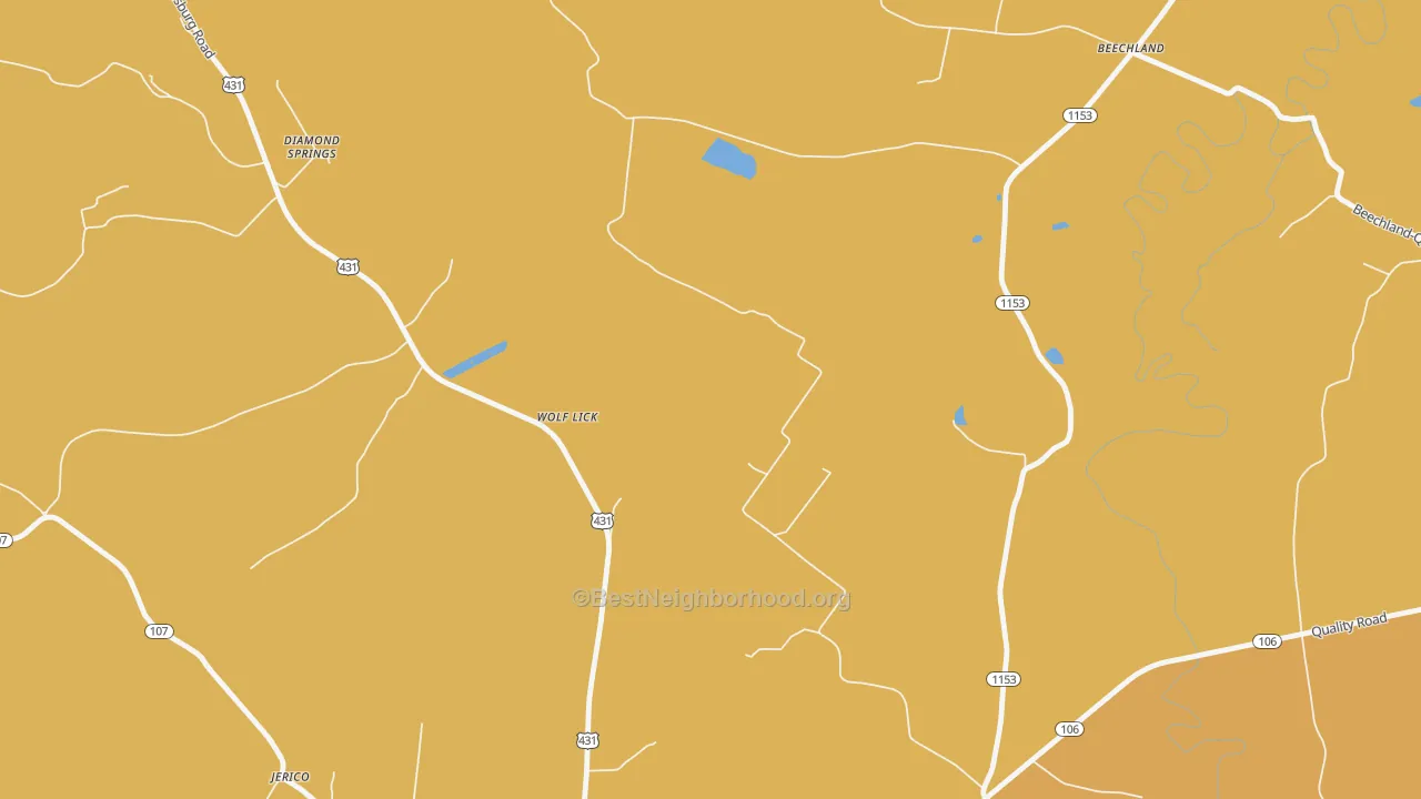 Map of the best neighborhoods in the Wolf Lick area, with better matches in green and worse matches in red