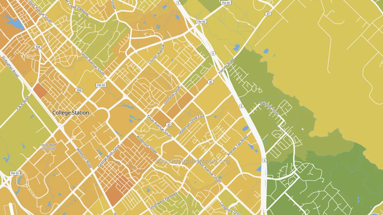 Map of the best neighborhoods in the Wolf Pen Creek District, College Station area, with better matches in green and worse matches in red