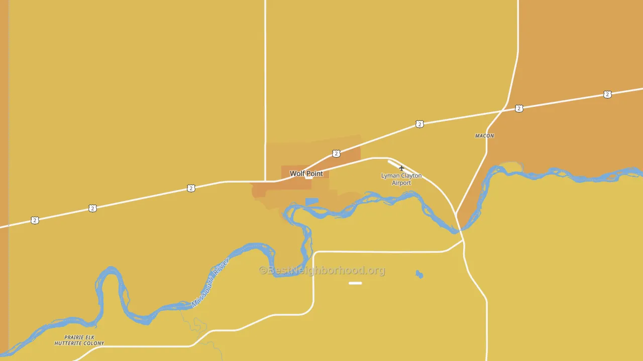 Map of the best neighborhoods in the Wolf Point area, with better matches in green and worse matches in red