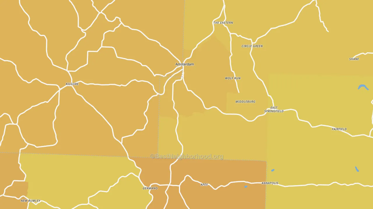 Map of the best neighborhoods in the Wolf Run area, with better matches in green and worse matches in red
