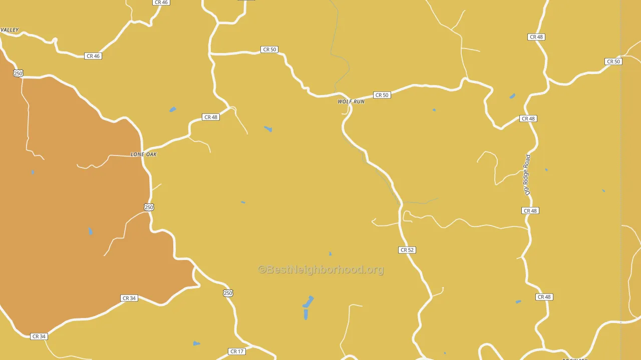 Map of the best neighborhoods in the Wolf Run area, with better matches in green and worse matches in red