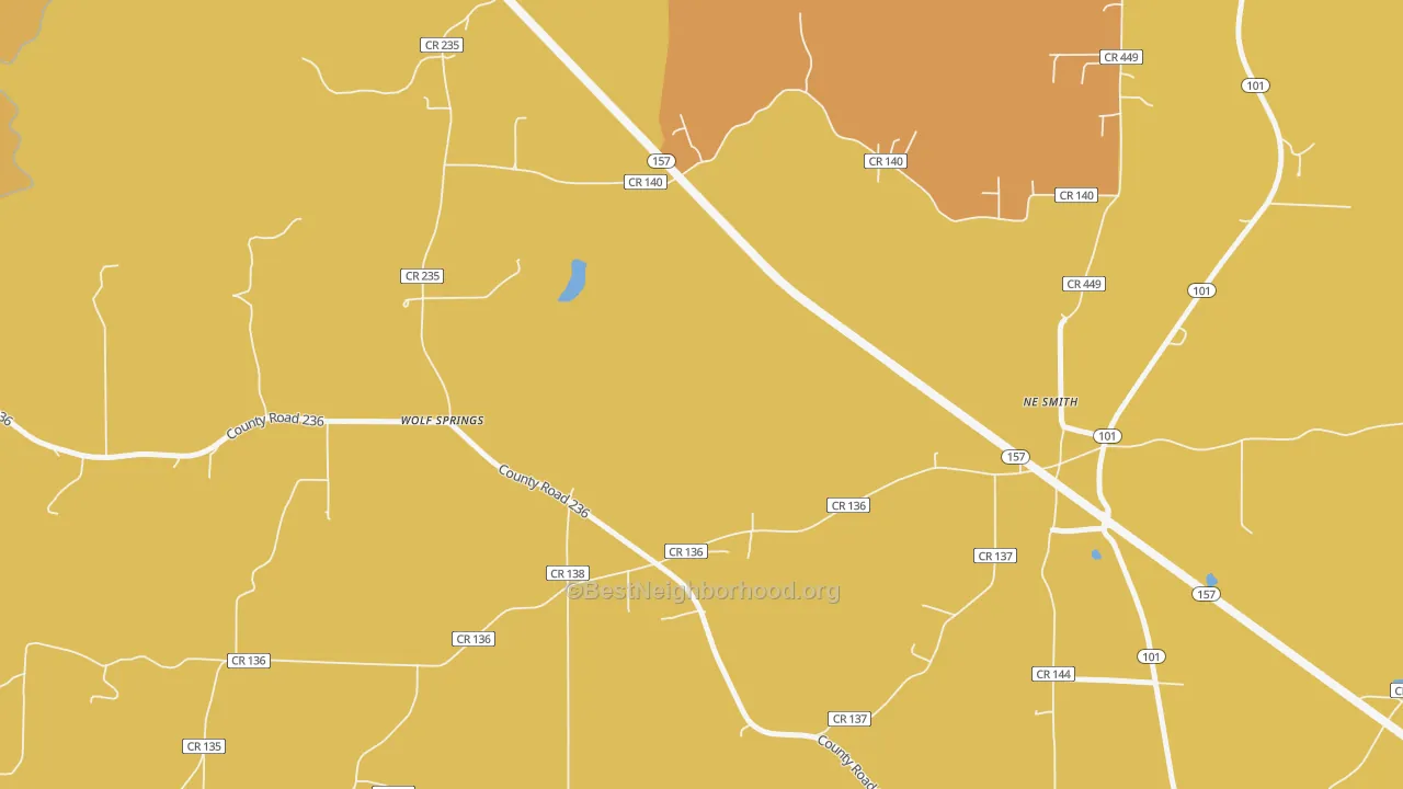 Map of the best neighborhoods in the Wolf Springs area, with better matches in green and worse matches in red
