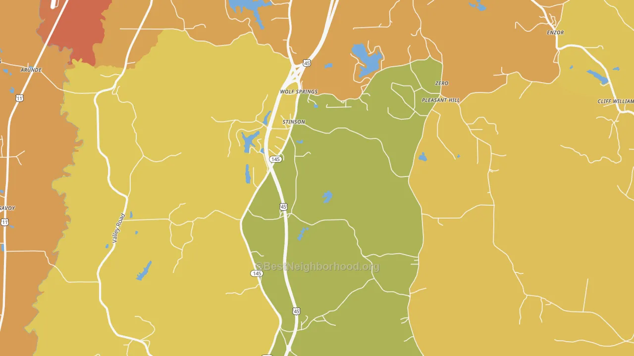 Map of the best neighborhoods in the Wolf Springs area, with better matches in green and worse matches in red