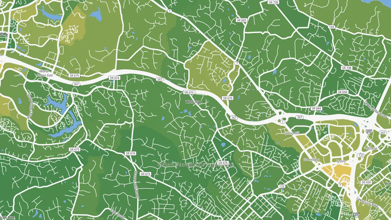 Map of the best neighborhoods in the Wolf Trap area, with better matches in green and worse matches in red