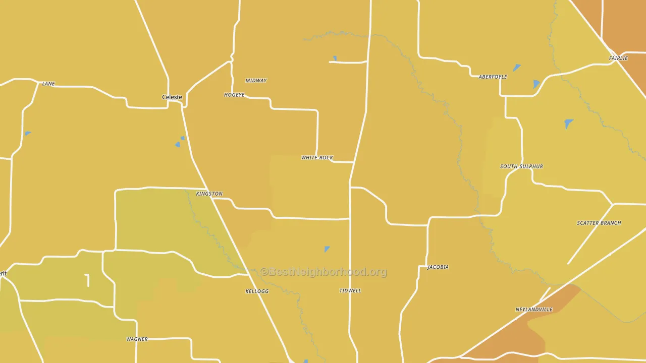 Map of the best neighborhoods in the Wolfe City area, with better matches in green and worse matches in red