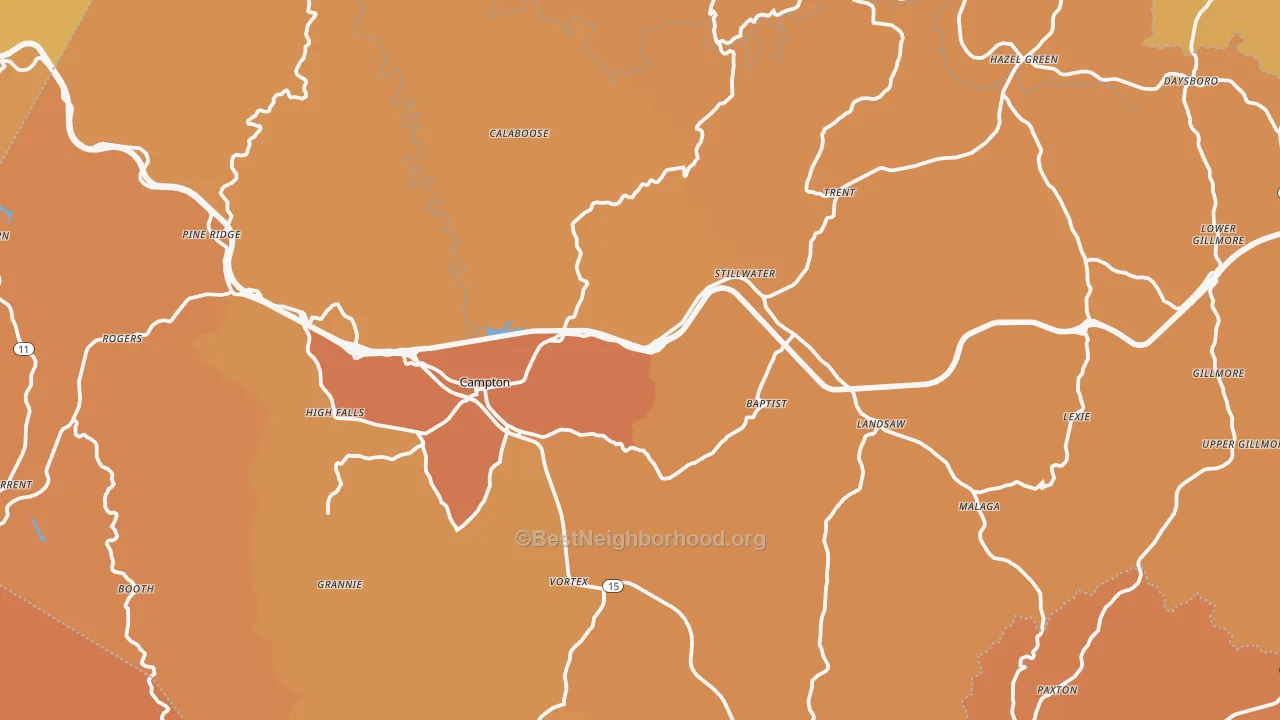 Map of the best neighborhoods in the Wolfe County area, with better matches in green and worse matches in red