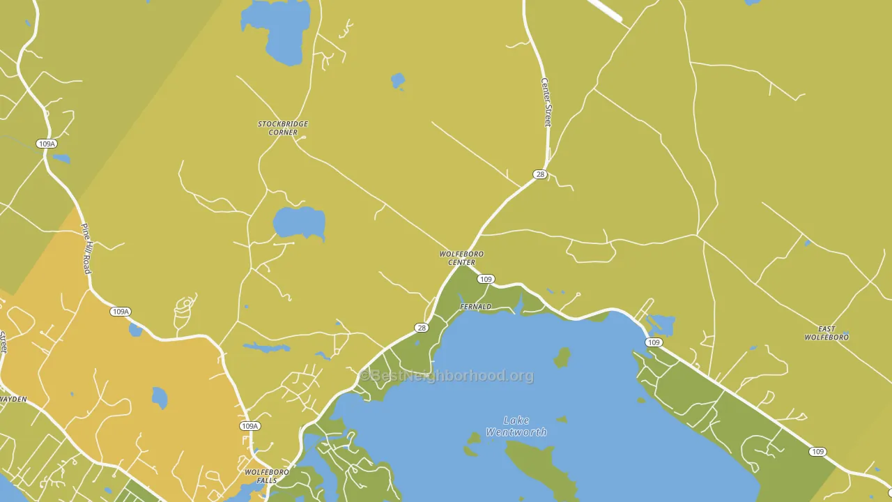 Map of the best neighborhoods in the Wolfeboro Center area, with better matches in green and worse matches in red