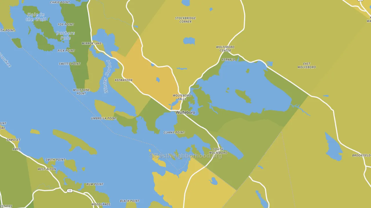 Map of the best neighborhoods in the Wolfeboro Falls area, with better matches in green and worse matches in red