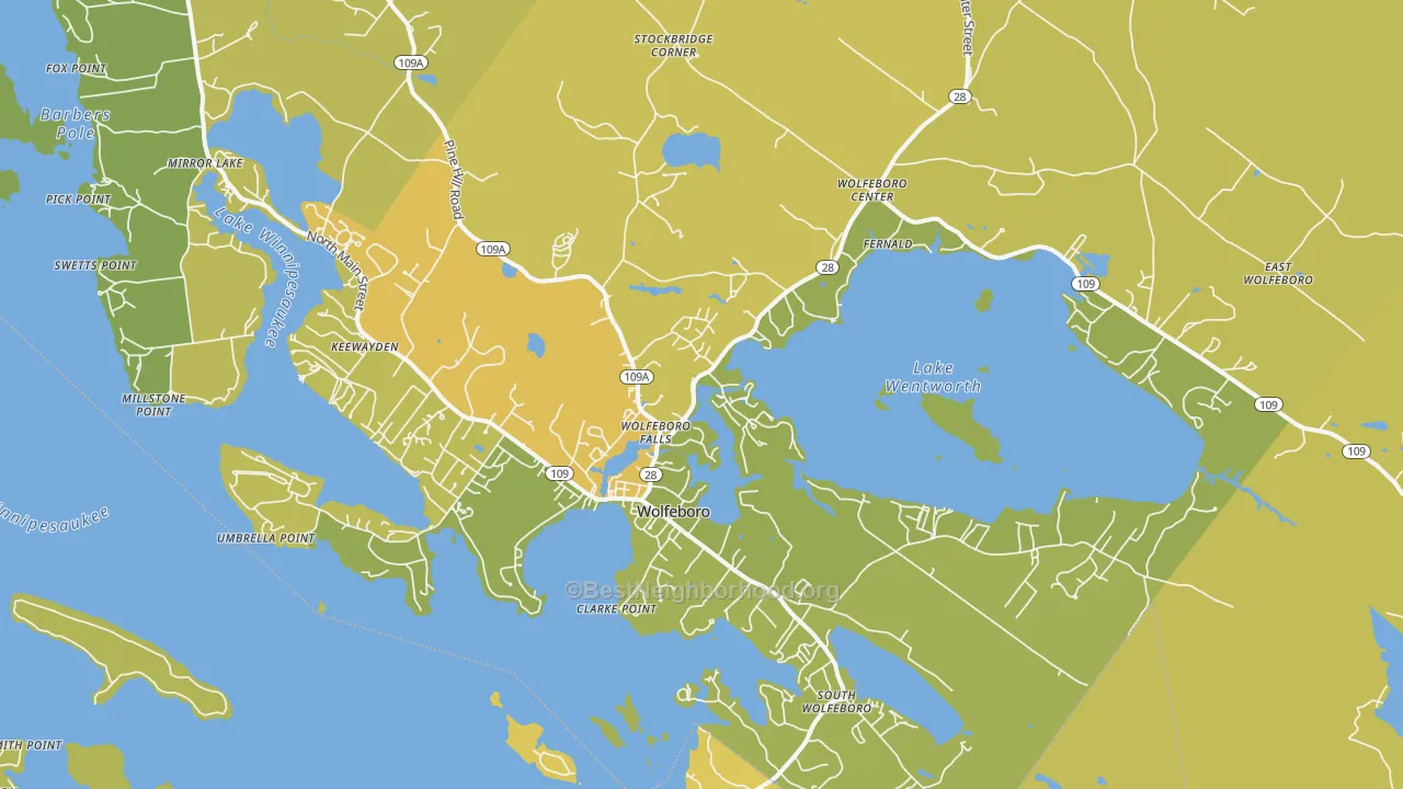 Map of the best neighborhoods in the Wolfeboro area, with better matches in green and worse matches in red