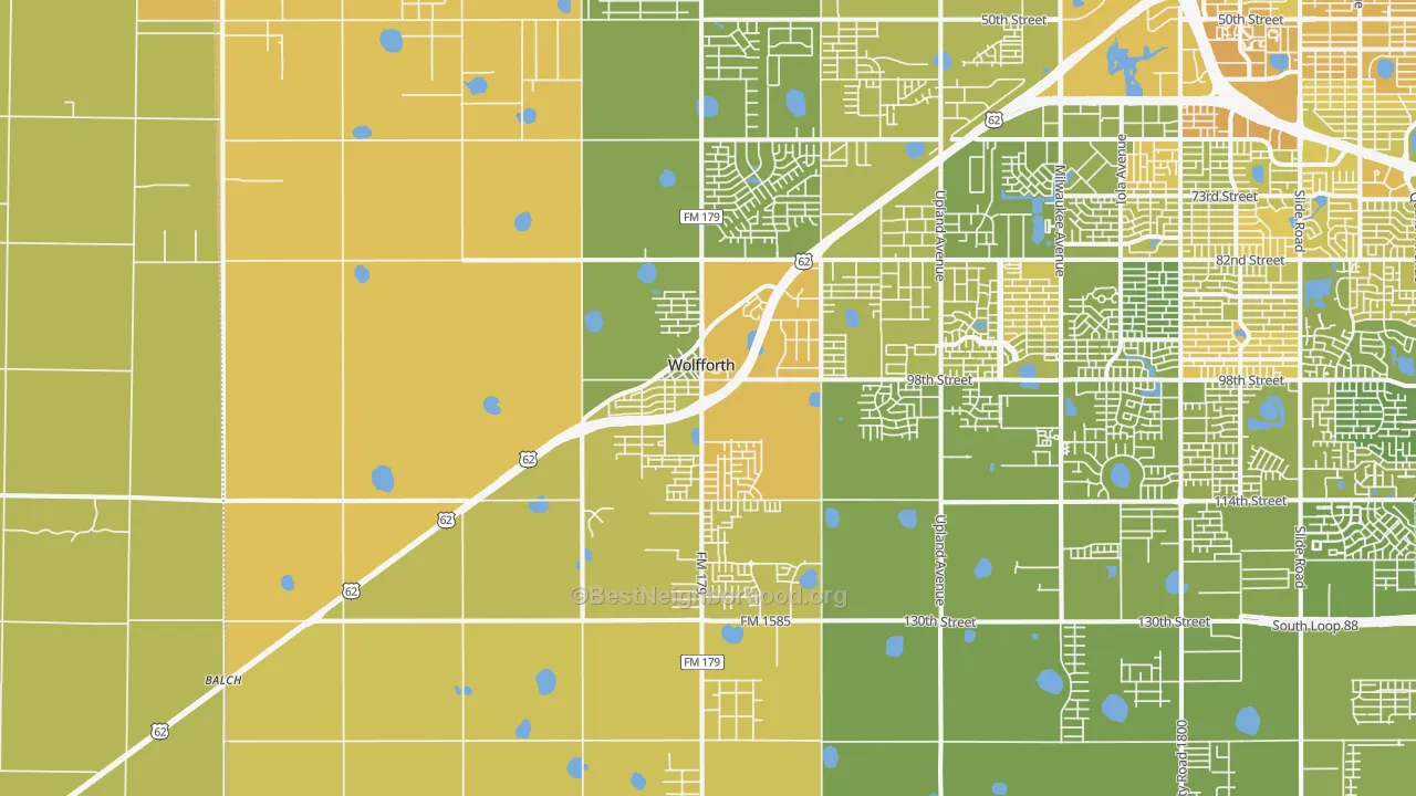 Map of the best neighborhoods in the Wolfforth area, with better matches in green and worse matches in red