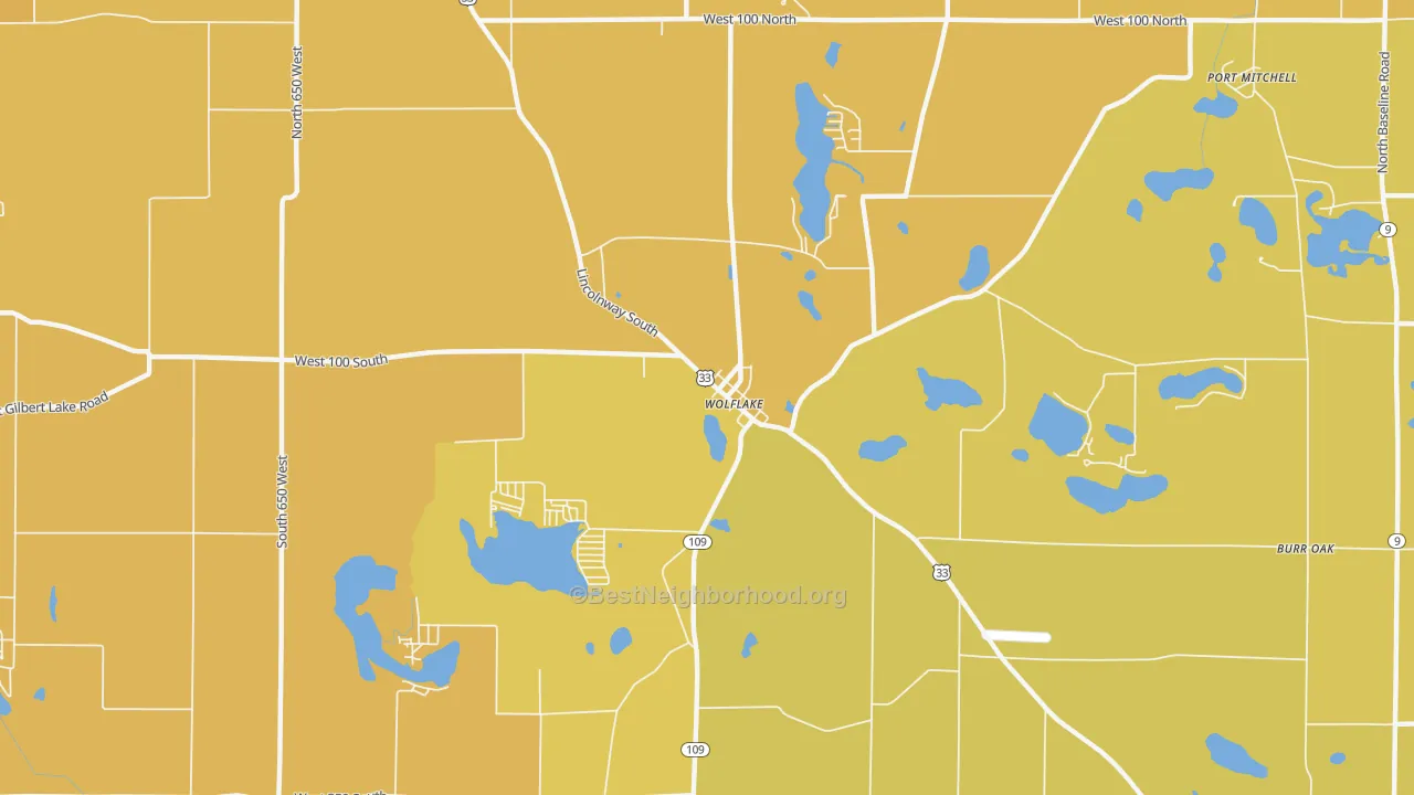 Map of the best neighborhoods in the Wolflake area, with better matches in green and worse matches in red
