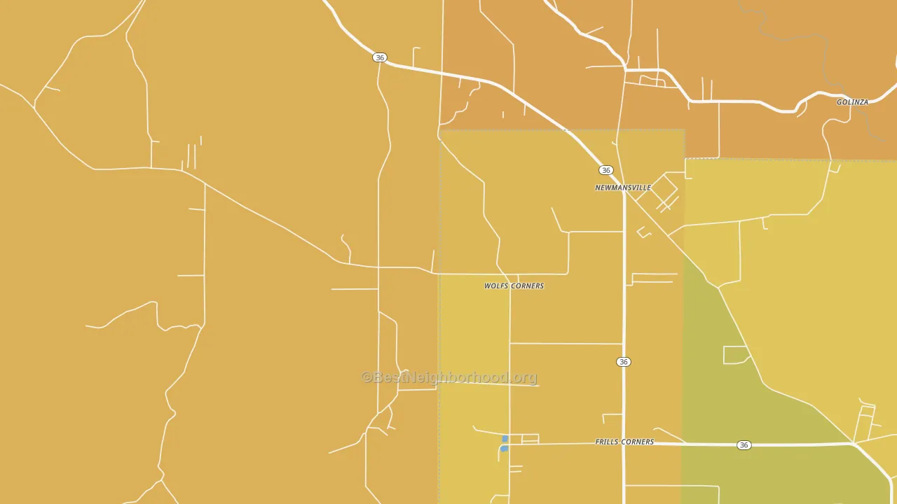 Map of the best neighborhoods in the Wolfs Corner area, with better matches in green and worse matches in red
