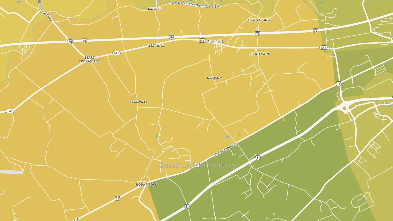 Map of the best neighborhoods in the Wolfs Crossroads area, with better matches in green and worse matches in red