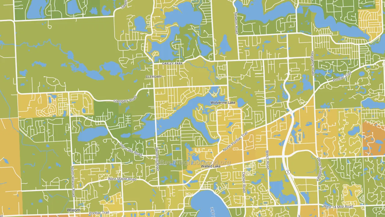 Map of the best neighborhoods in the Wolverine Lake area, with better matches in green and worse matches in red