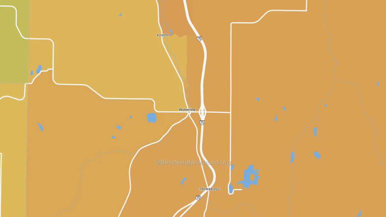 Map of the best neighborhoods in the Wolverine area, with better matches in green and worse matches in red