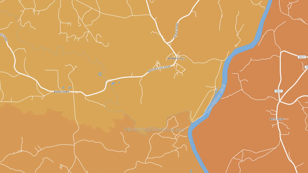 Map of the best neighborhoods in the Womack Hill area, with better matches in green and worse matches in red