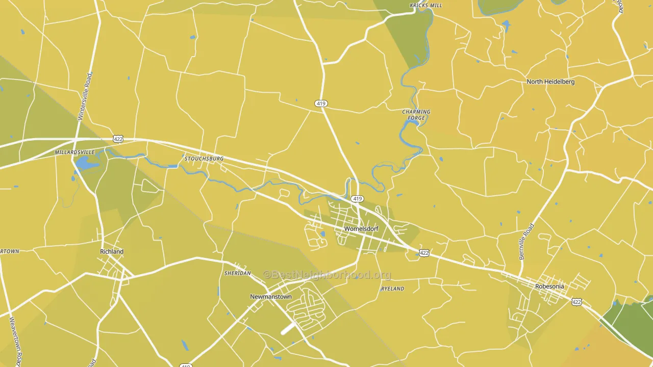 Map of the best neighborhoods in the Womelsdorf area, with better matches in green and worse matches in red