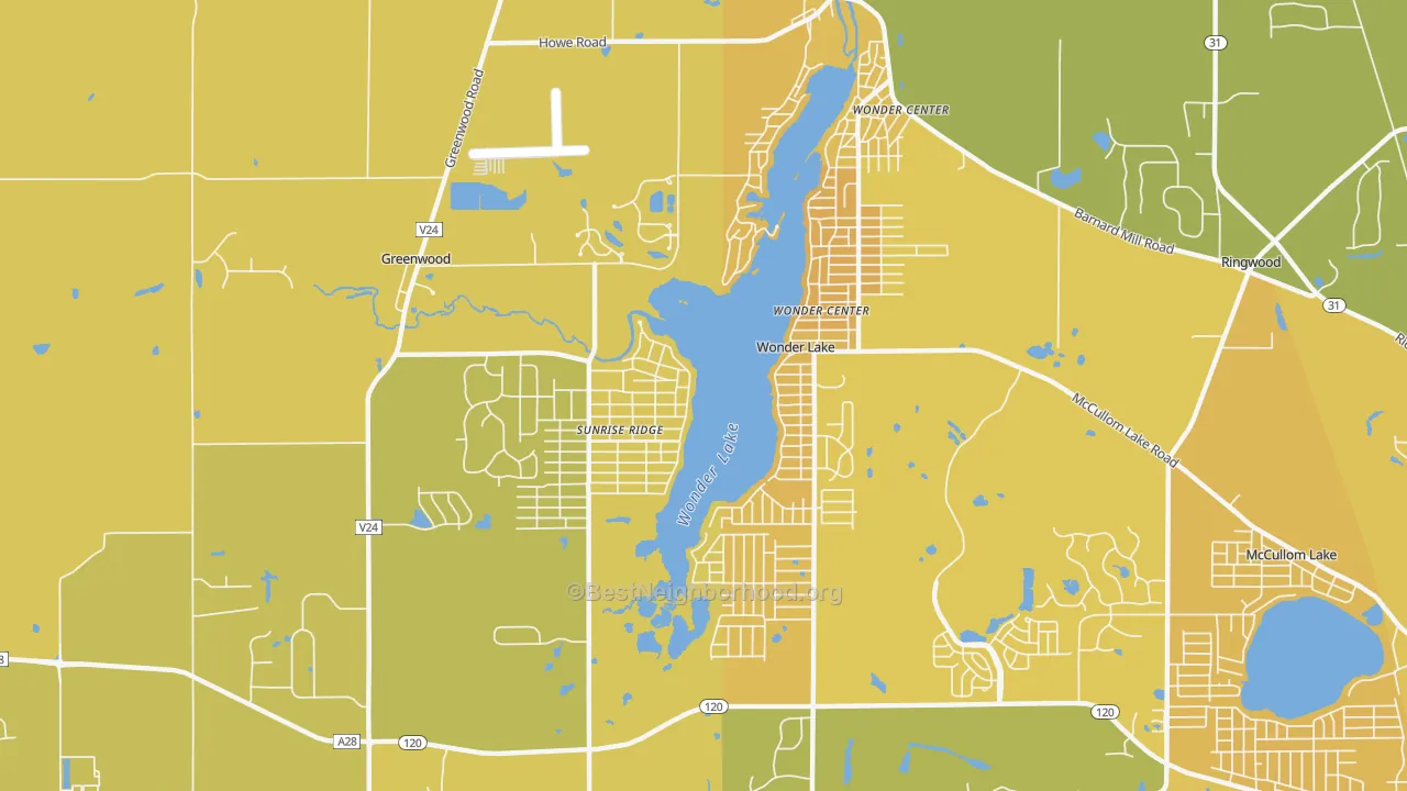 Map of the best neighborhoods in the Wonder Lake area, with better matches in green and worse matches in red