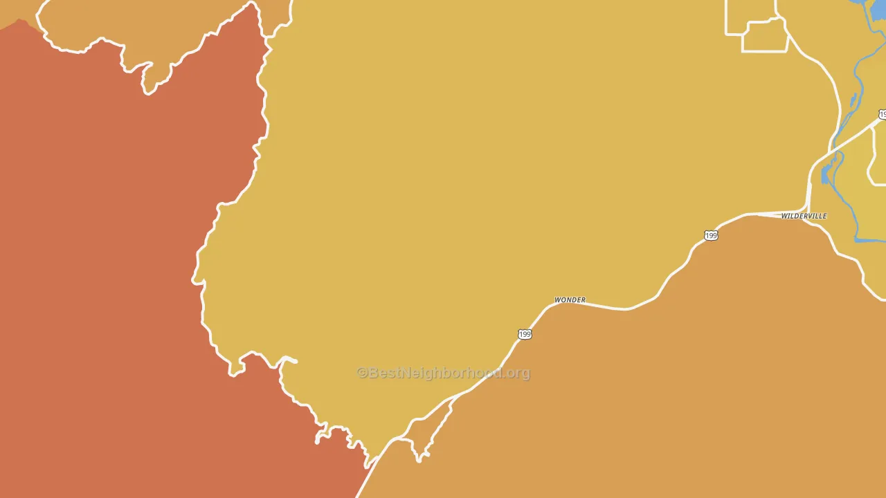 Map of the best neighborhoods in the Wonder area, with better matches in green and worse matches in red