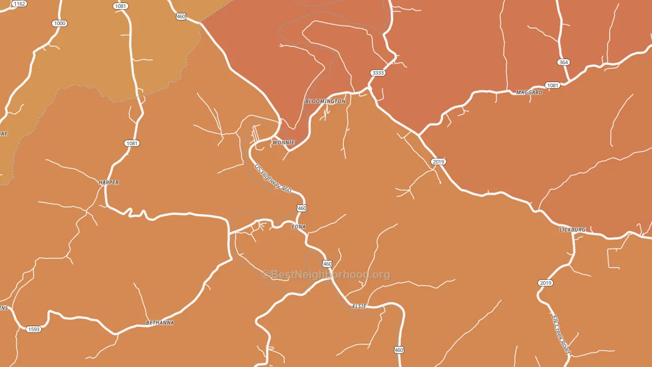 Map of the best neighborhoods in the Wonnie area, with better matches in green and worse matches in red
