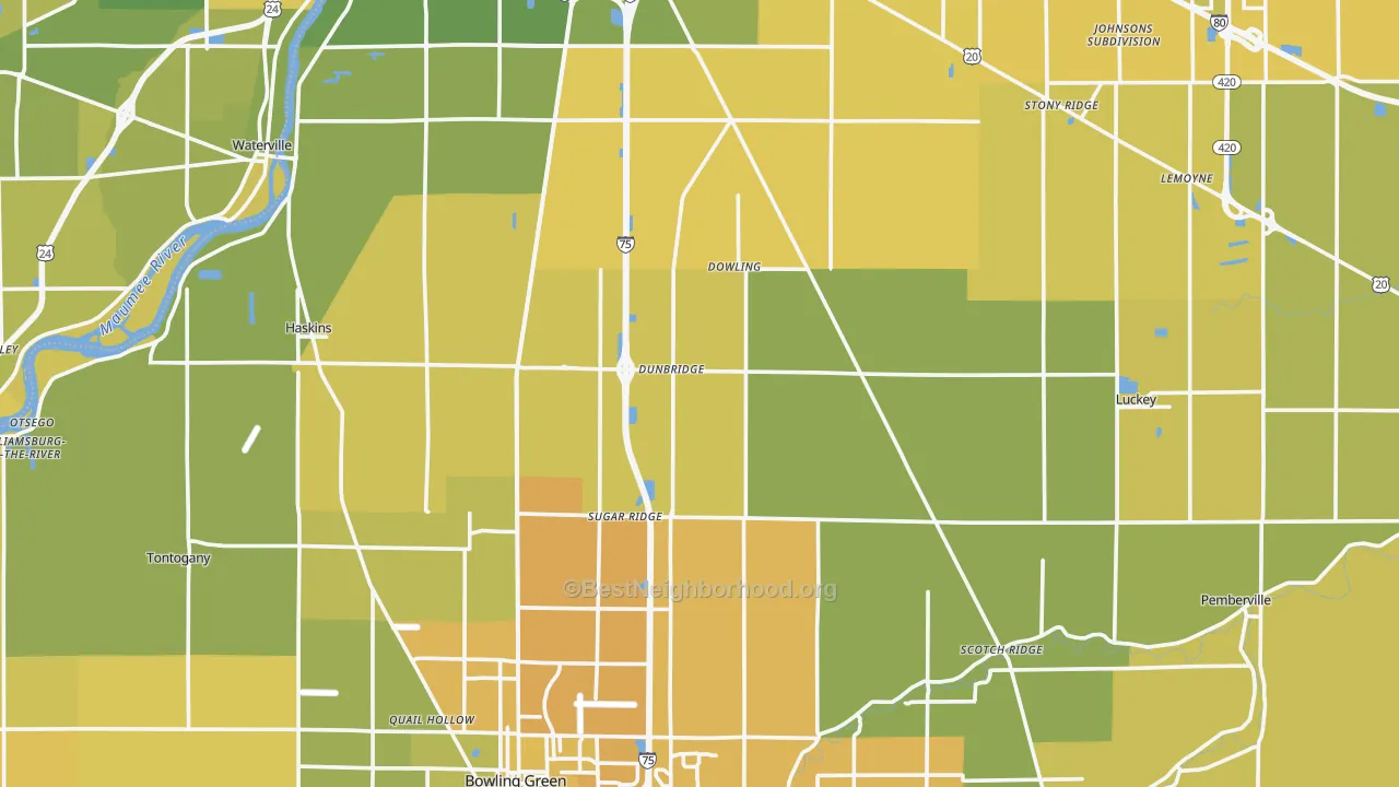 Map of the best neighborhoods in the Wood County area, with better matches in green and worse matches in red