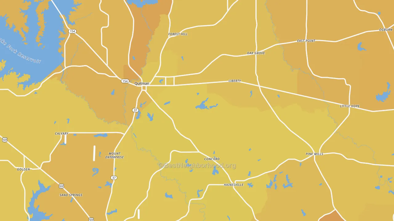 Map of the best neighborhoods in the Wood County area, with better matches in green and worse matches in red